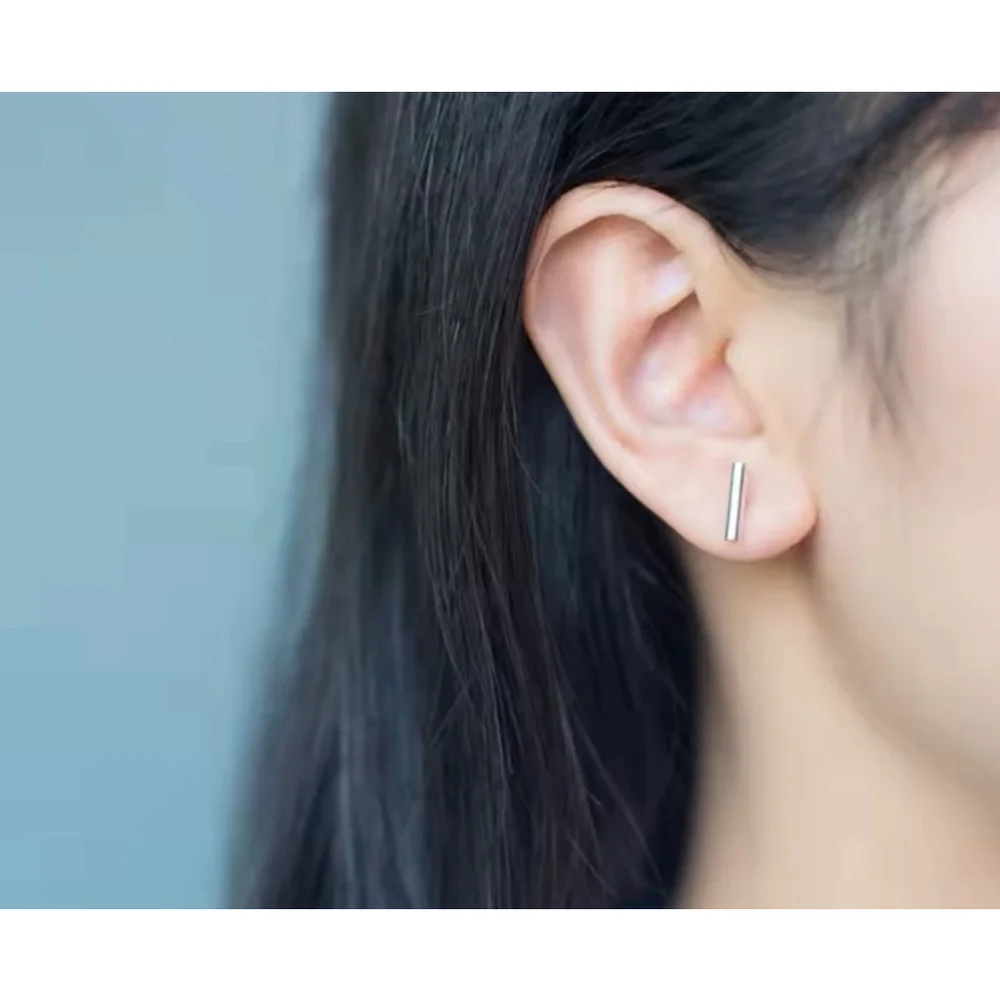Fine 925‎ Sterling Silver Rhodium Bar Staple Stud Earrings